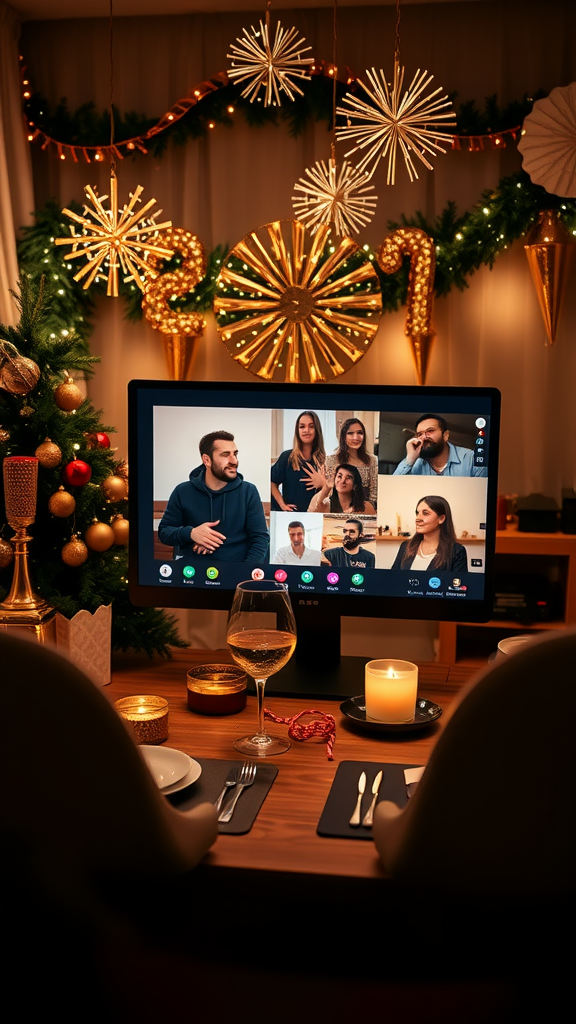 20 Exciting adults New Year's Eve Party Ideas Decorative setup for a virtual New Year's Eve party with glasses and a TV displaying 2027.