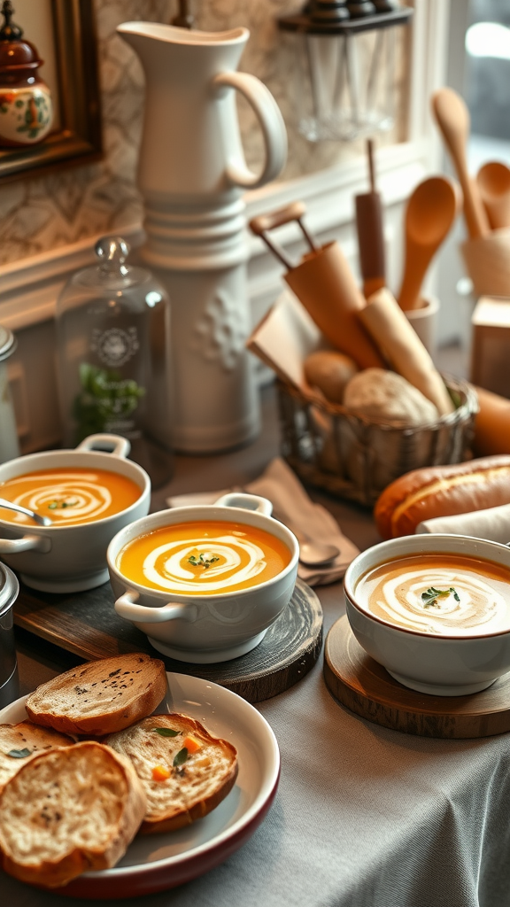 25 Sweet Winter Baby Shower Ideas to Warm Your Celebration A warm soup and bread bar featuring creamy soup bowls, fresh bread, and a cozy kitchen setting.