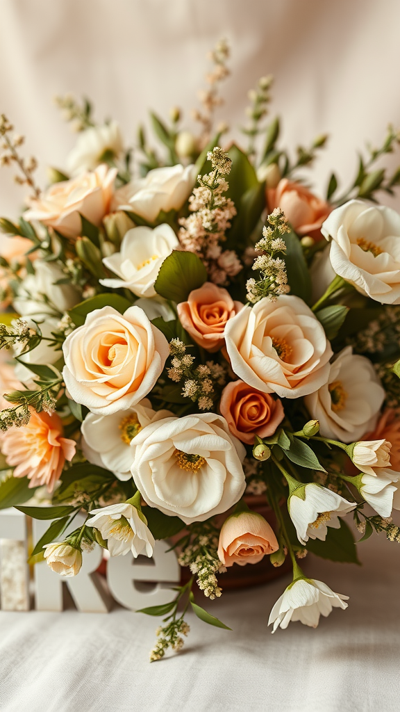 35 Stunning Earth Tone Wedding Bouquets for Your Dream Celebration A beautiful bouquet featuring peach and ivory flowers with greenery, perfect for a wedding.