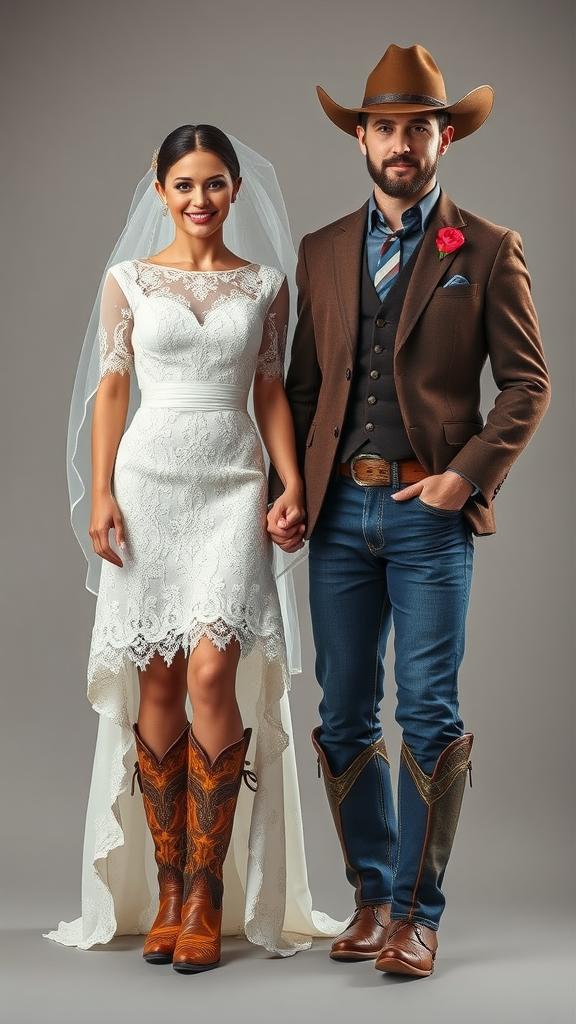 25 Creative Ideas for a Cowboy-Themed Wedding Celebration A couple in western-inspired wedding attire, featuring a bride in a lace dress and cowboy boots, and a groom in a brown jacket and cowboy hat.
