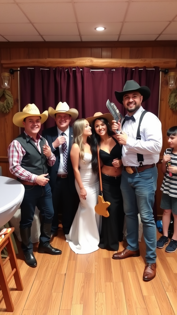 25 Rustic Cowboy Wedding Ideas to Tie the Knot with Style A group dressed in cowboy attire posing in a western-themed photo booth