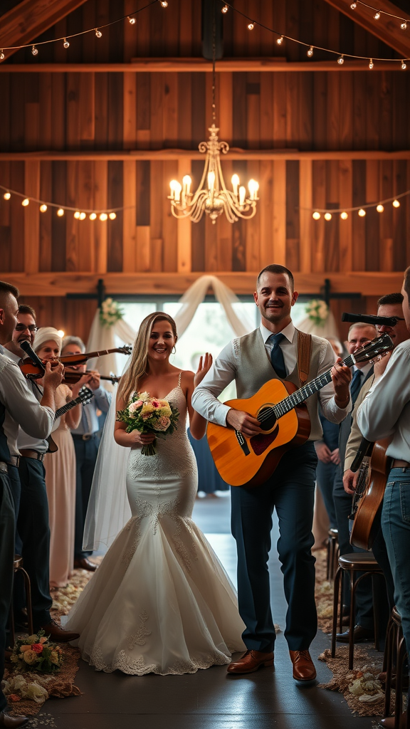 15 Creative Cowboy Wedding Entrance Ideas to Wow Your Guests A bride and groom walking down the aisle with music instruments in a rustic venue. Cowboy Wedding Entrance