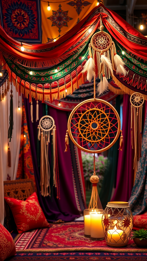 25 Creative Ideas for a Boho 50th Birthday Party Celebration A cozy bohemian decor setup featuring vibrant fabrics, dreamcatchers, candles, and warm lighting.