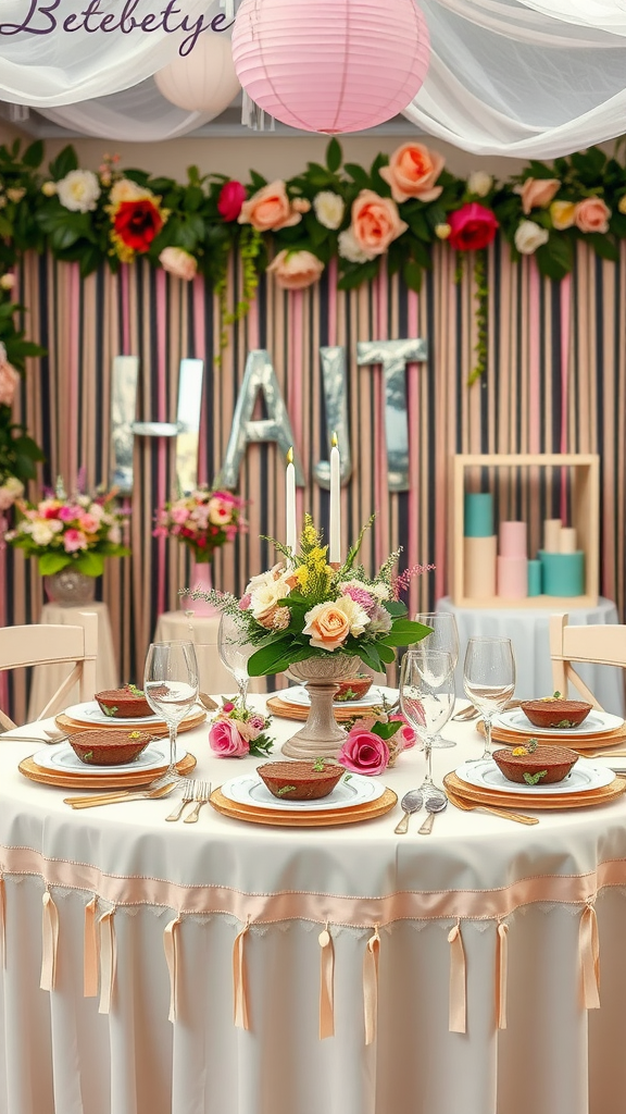 25 Adorable Ideas for a Boho Themed 1st Birthday Party for Girls A beautifully decorated table for a birthday party featuring floral arrangements and pastel colors. boho themed 1st birthday party