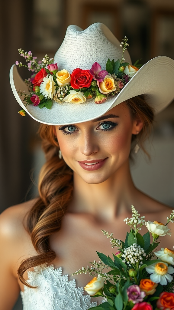 25 Cowboy Wedding Flowers That Will Make Planning a Breeze! A bride wearing a white cowboy hat adorned with a colorful flower crown, holding a bouquet of flowers.