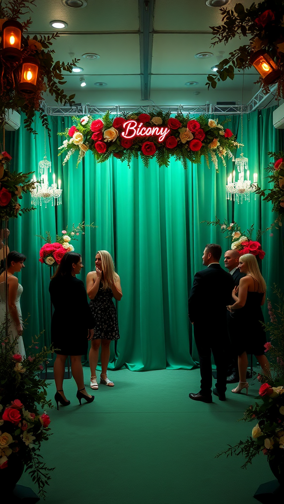 20 Enchanting Dark Romantic Wedding in Emerald Green Ideas A whimsical photo booth with an emerald green backdrop and floral decorations.
