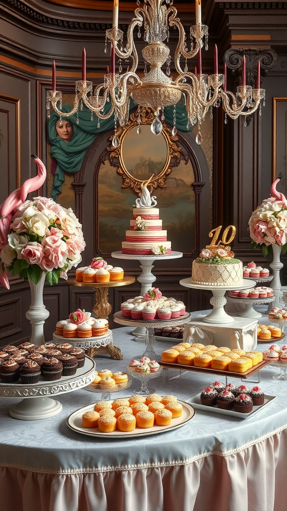35 Rococo Wedding Inspiration Ideas That Will Make Your Heart Skip a Beat (Don't Miss #10!) A beautifully arranged Rococo wedding dessert table with a multi-tiered cake, cupcakes, and pastries, all under an ornate chandelier.