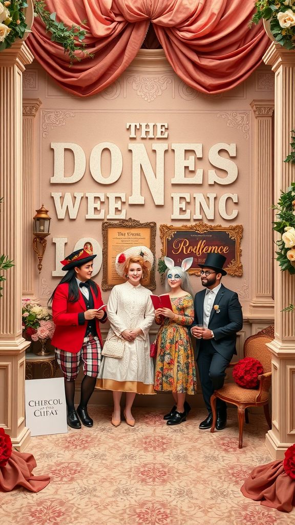 35 Rococo Wedding Inspiration Ideas That Will Make Your Heart Skip a Beat (Don't Miss #10!) Whimsical Rococo wedding photobooth with guests dressed in vibrant costumes.