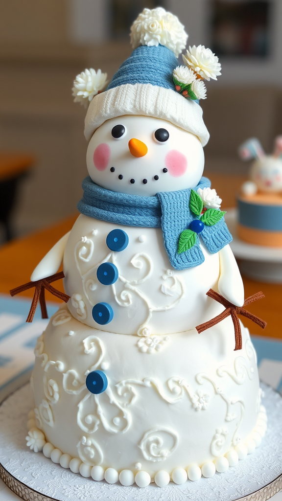 25 Sweet Winter Baby Shower Ideas to Warm Your Celebration A whimsical snowman cake decorated with a blue scarf, hat, and cheerful face.