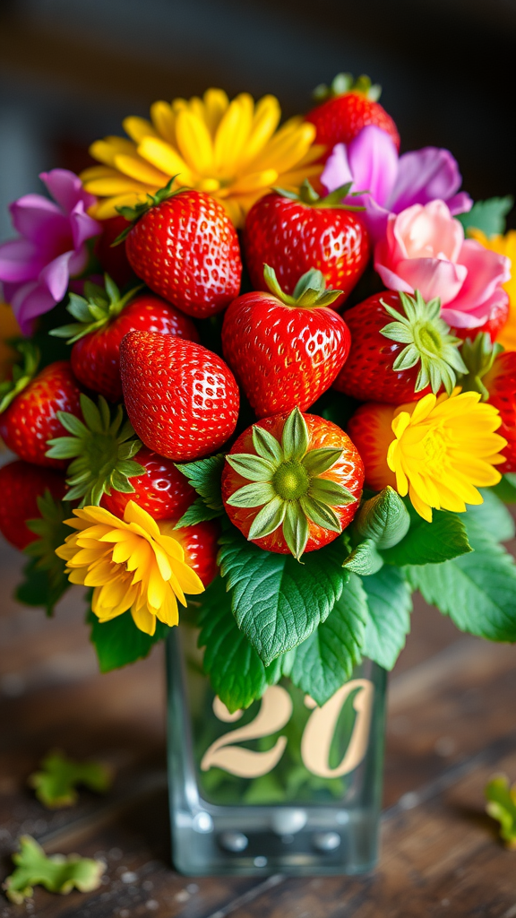 25 Creative Strawberry Centerpiece Ideas for Every Occasion A vibrant bouquet featuring red strawberries and colorful flowers in a glass vase.