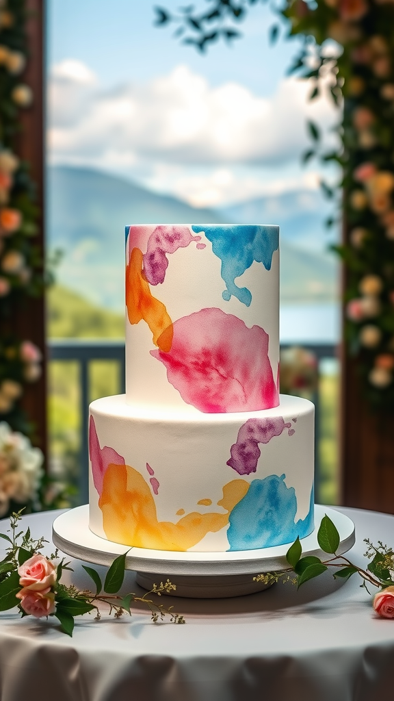 30 Themed Two-Tier Wedding Cakes That Are Totally Unique (Check Out #9!) A two-tier wedding cake with a whimsical watercolor design in pink, yellow, and blue, surrounded by roses.