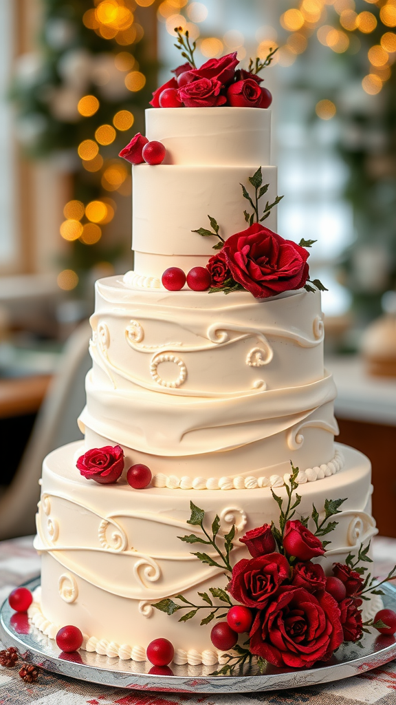 20 Enchanting Christmas Wedding Cake Ideas Elegant three-tier white cake adorned with red roses and berries, perfect for celebrations.