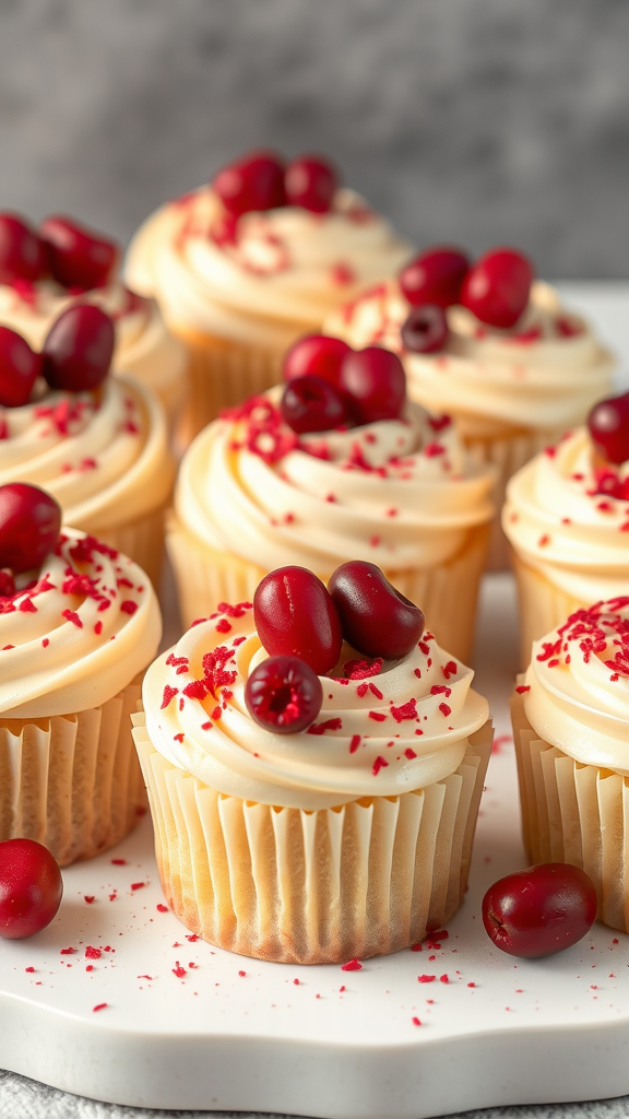 20 Festive Christmas Wedding Cakes and Cupcakes to Delight Your Guests Delicious white chocolate cranberry cupcakes decorated with cranberries and red sugar sprinkles.