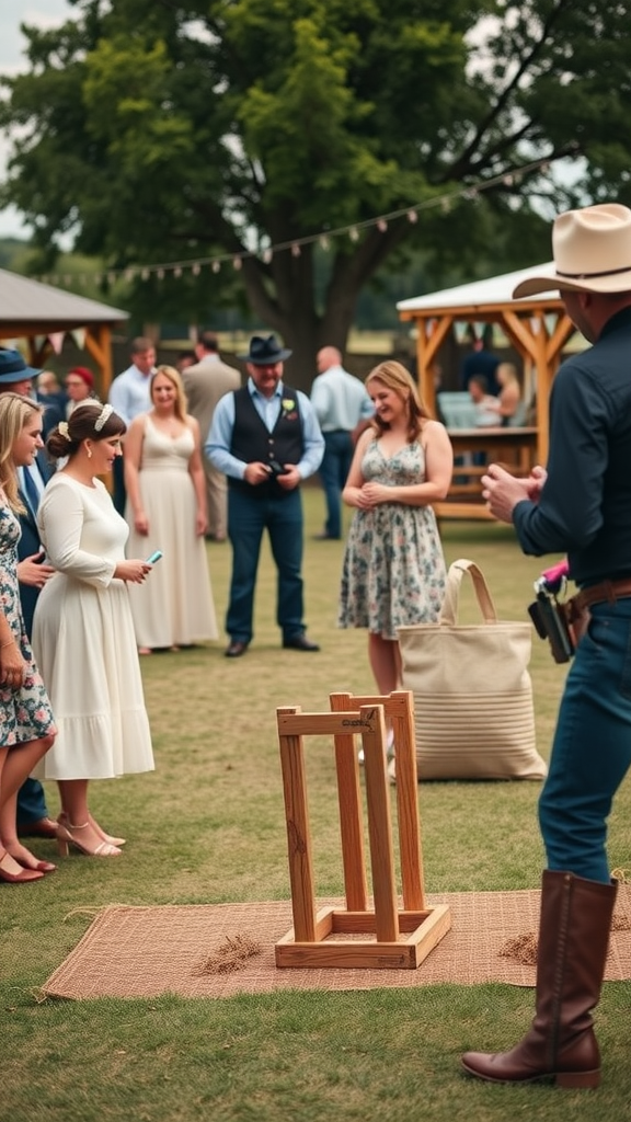 25 Creative Ideas for a Cowboy-Themed Wedding Celebration Guests enjoying a cowboy wedding theme celebration with a wooden game in the center.