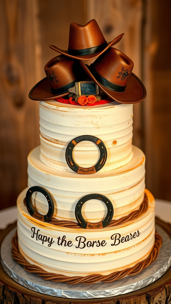 25 Cowboy Wedding Cake Ideas to Inspire Your Rustic Celebration A cowboy wedding cake featuring three hats, horseshoes, and rustic details.