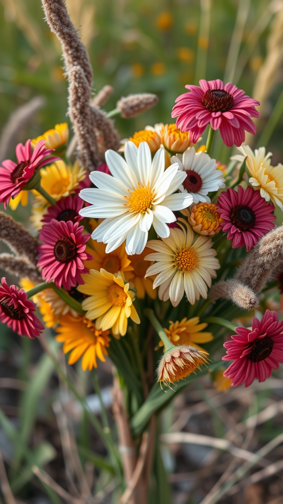 35 Stunning Earth Tone Wedding Bouquets for Your Dream Celebration A colorful wildflower bouquet featuring daisies and gerbera daisies in warm earth tones.