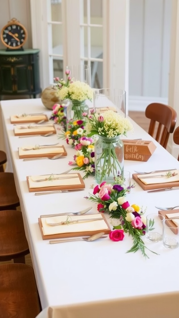 25 Adorable Ideas for a Boho Themed 1st Birthday Party for Girls A beautifully decorated table with a floral table runner, celebrating a birthday.