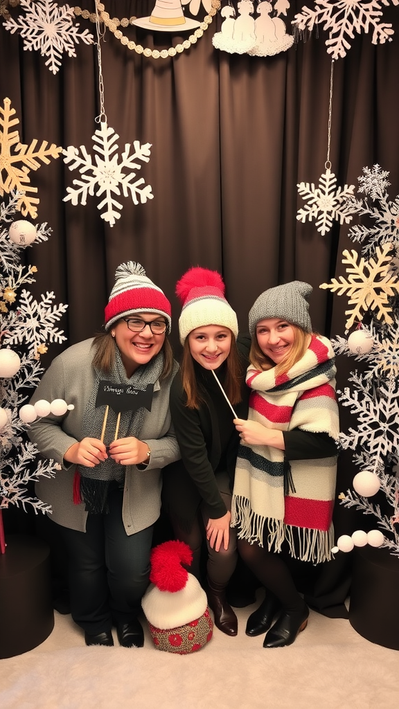 25 Sweet Winter Baby Shower Ideas to Warm Your Celebration Three friends in winter attire posing in a festive photo booth with snowflake decorations.
