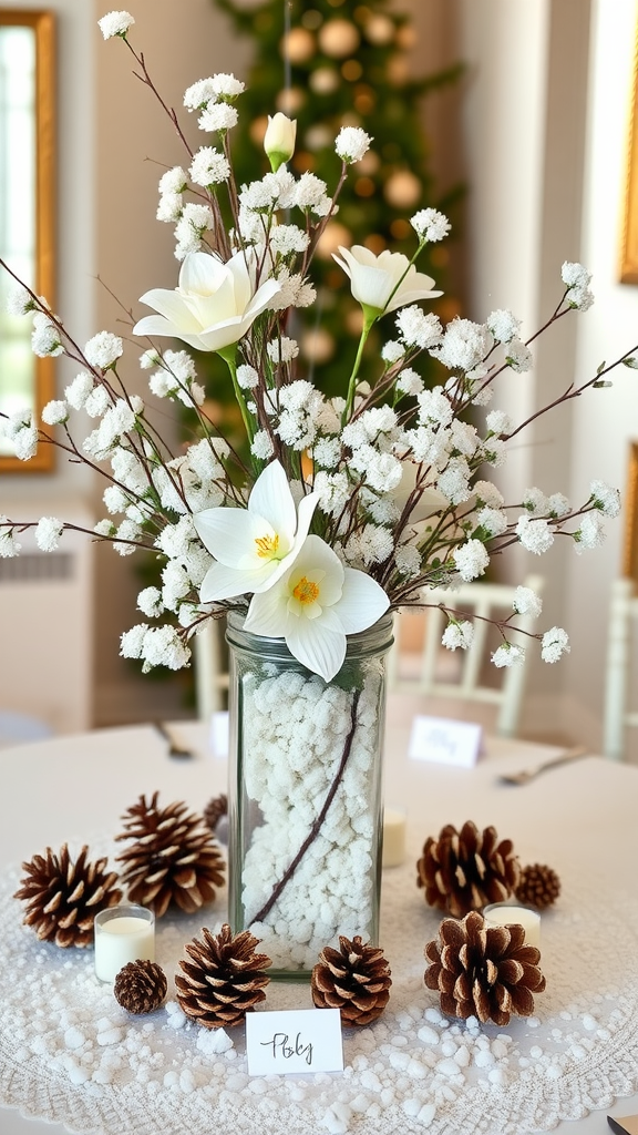 25 Sweet Winter Baby Shower Ideas to Warm Your Celebration A winter-themed centerpiece featuring a jar with white decor and flowers, surrounded by pinecones and candles.