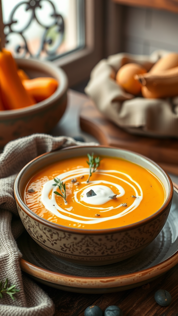 15 Romantic Valentine Lunch Ideas A bowl of creamy butternut squash soup garnished with herbs, surrounded by fresh ingredients.