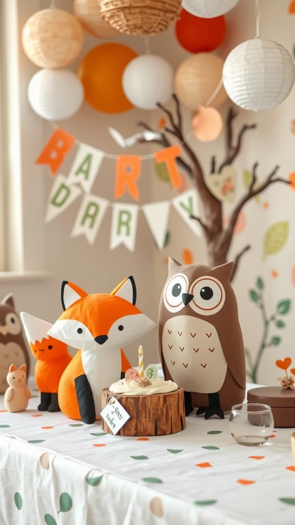 25 Adorable Ideas for a Boho Themed 1st Birthday Party for Girls Colorful woodland animal decorations for a birthday party with a banner.