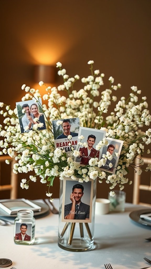30 Beautiful Baby's Breath Centerpiece DIY Ideas A baby’s breath centerpiece with personal photos in a clear vase, set on a table.