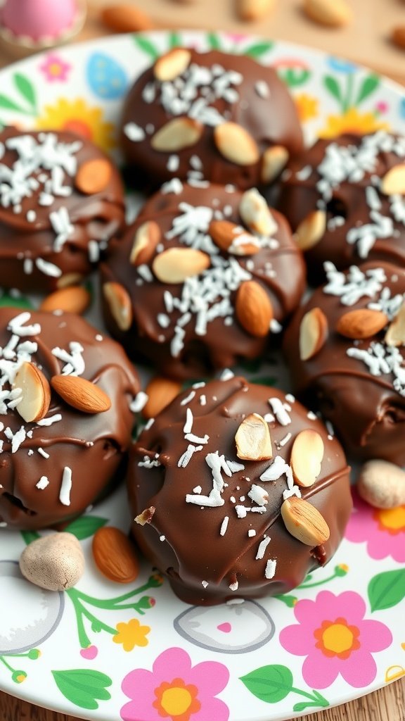 25 Delightful Easter Tea Party Cookies to Impress Your Guests A plate of delicious Almond Joy Cookies topped with almonds and shredded coconut.