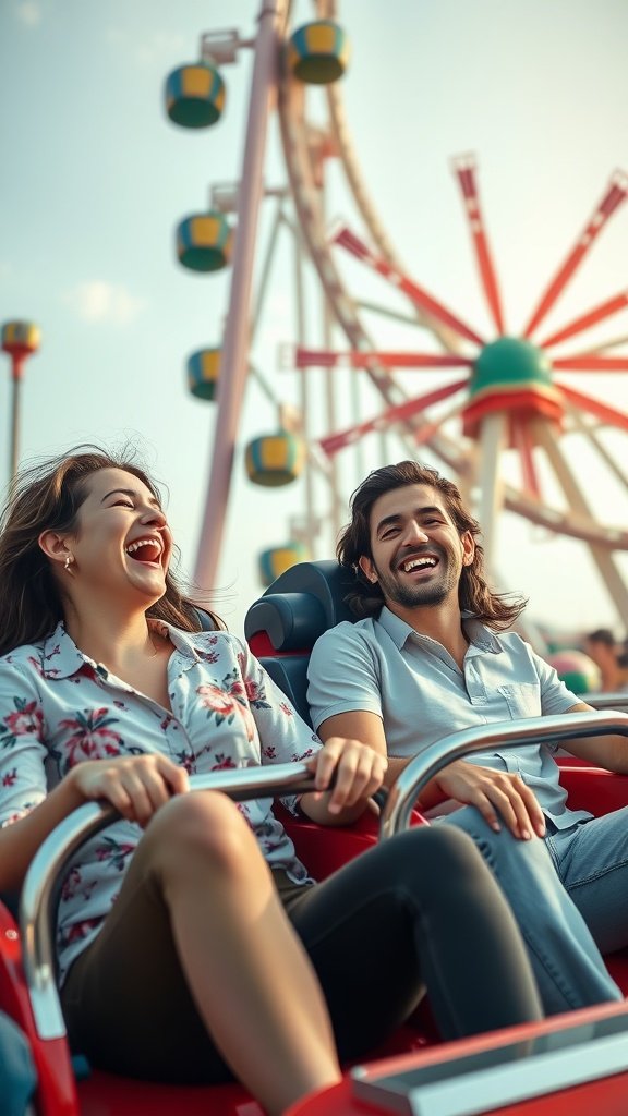 25 Creative Double Date Ideas That Will Spark Your Imagination! Two friends enjoying a ride at an amusement park, smiling and laughing with a ferris wheel in the background. Double Date Ideas