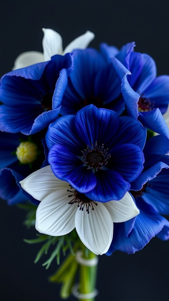 35 Enchanting Spring Wedding Flowers for Your Dream Celebration A bouquet featuring vibrant blue and white anemones, showcasing their bold colors.