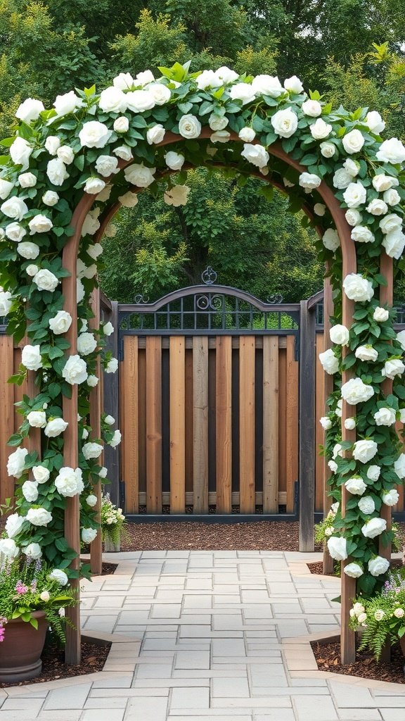 25 Unique Rustic Wedding Arch Ideas to Make Your Ceremony Unforgettable (Trust Us, #3 Is a Show-Stopper!) A rustic arched trellis with climbing vines and white flowers, creating a charming wedding arch.