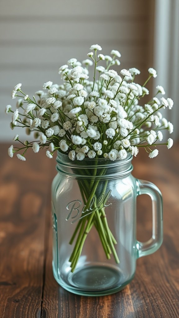 30 Stunning Baby's Breath Bouquets That Will Steal Your Heart (Wait Until You See #4!) A mason jar filled with a baby's breath bouquet on a wooden table.