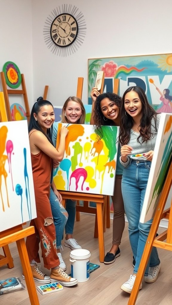 25 Creative Double Date Ideas That Will Spark Your Imagination! Four friends in an art class, smiling and showing their colorful paintings. Double Date Ideas