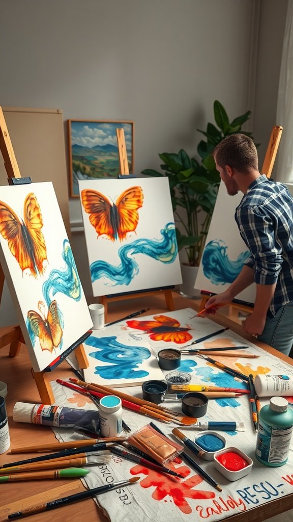 25 Cozy Indoor Date Ideas That'll Ignite the Spark (Prepare for Romance!) A person painting butterflies on canvas with colorful paint supplies scattered around.