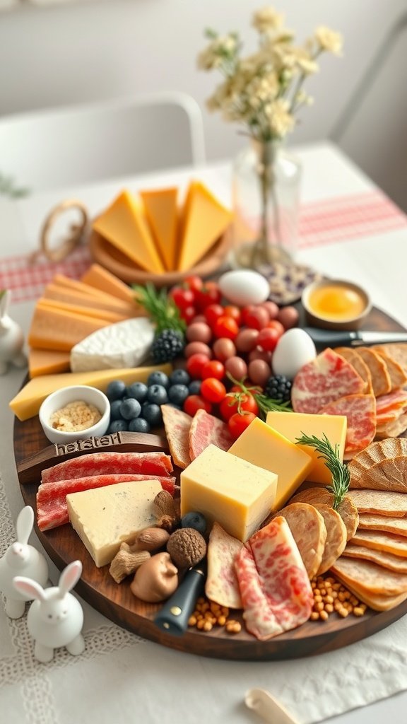 35 Easter Tablescape Ideas for a Festive Celebration A beautifully arranged cheese and charcuterie board featuring various cheeses, meats, fruits, and decorative elements for an Easter tablescape.