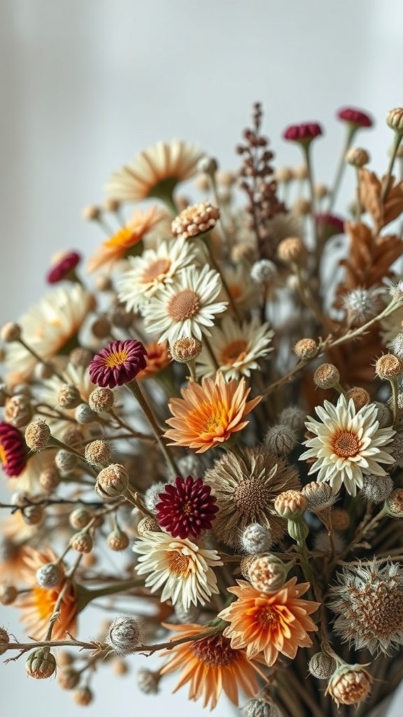 35 Wedding Winter Flower Bouquets That Will Make Your Heart Skip a Beat (Don't Miss #9!) A close-up view of a dried flower bouquet featuring various flowers in warm tones, perfect for winter decor.