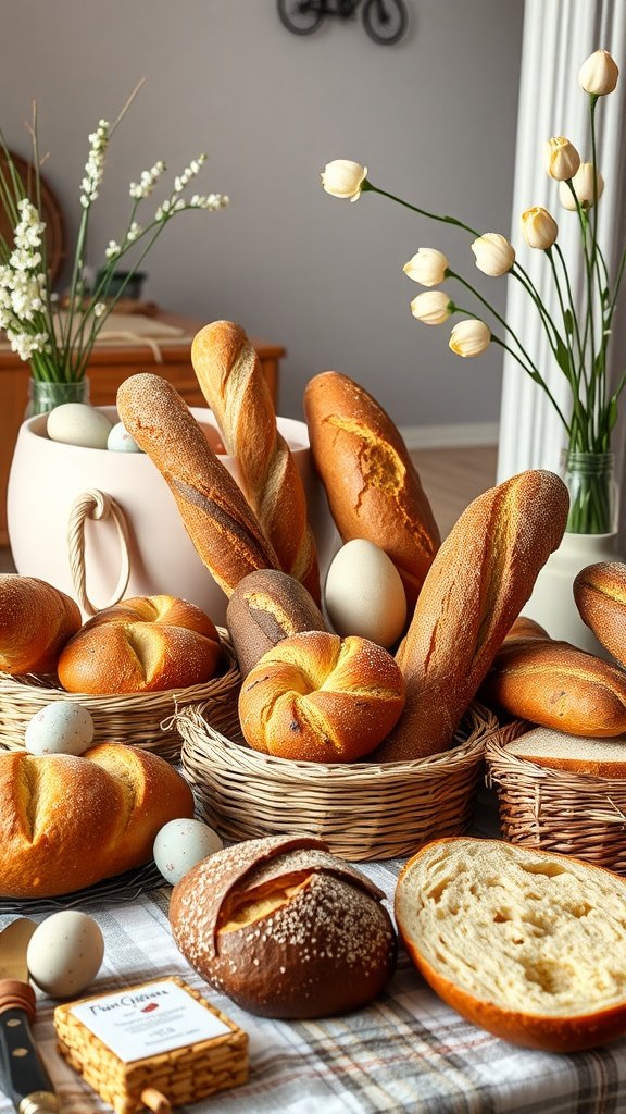 35 Easter Tablescape Ideas for a Festive Celebration A beautiful display of artisan breads and decorative eggs for Easter tablescapes.