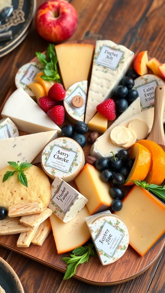 35 Stunning Grazing Table Ideas That Will Wow Your Guests (You Won't Believe #12!) A wooden platter displaying a selection of artisan cheeses, fresh fruits, and nuts.