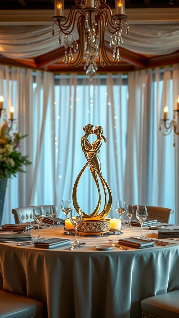 25 Stunning Valentines Table Decor Ideas That Will Make Your Dinner an Unforgettable Romance! A romantic table setting featuring a golden sculpture of a couple, surrounded by candles and elegant tableware.