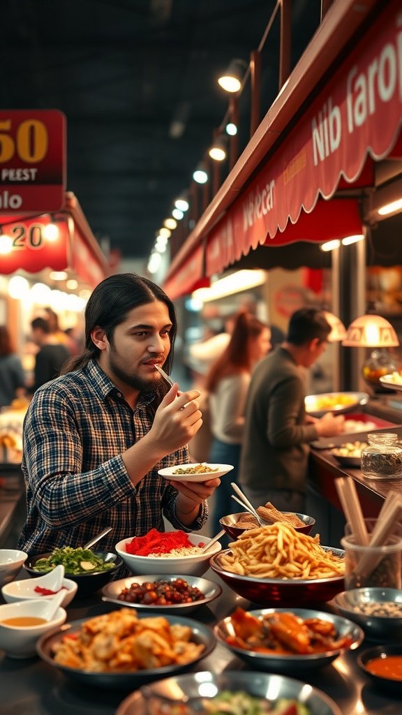 25 Creative Second Date Ideas That Will Leave a Lasting Impression (You’ll Love #8!) A man enjoying food at a vibrant food festival, surrounded by various dishes.