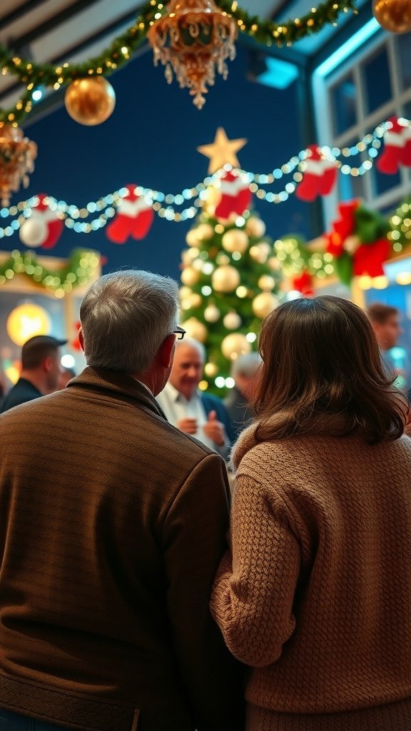 25 Cozy Winter Date Ideas That'll Melt Your Heart (You Won't Believe #5!) A couple enjoying a holiday concert with festive decorations, including a Christmas tree and lights.