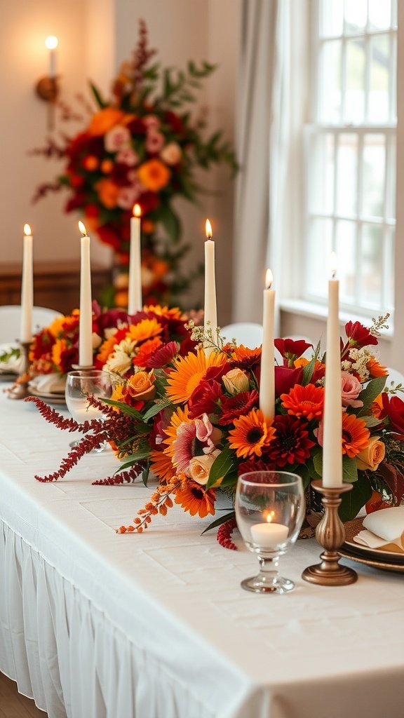 35 Stunning Fall Wedding Flowers That Will Make Your Guests Swoon! A beautifully decorated autumn wedding table featuring vibrant flowers and elegant candles.