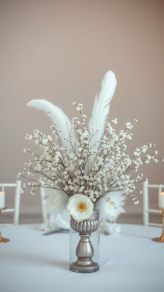 30 Stunning Baby's Breath Wedding Centerpieces for a Dreamy Celebration A wedding centerpiece featuring baby's breath flowers and white feathers in a decorative vase