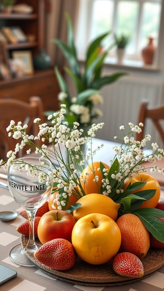 30 Stunning Baby's Breath Wedding Centerpieces for a Dreamy Celebration Wedding centrepiece featuring baby's breath flowers and assorted fruits on a table