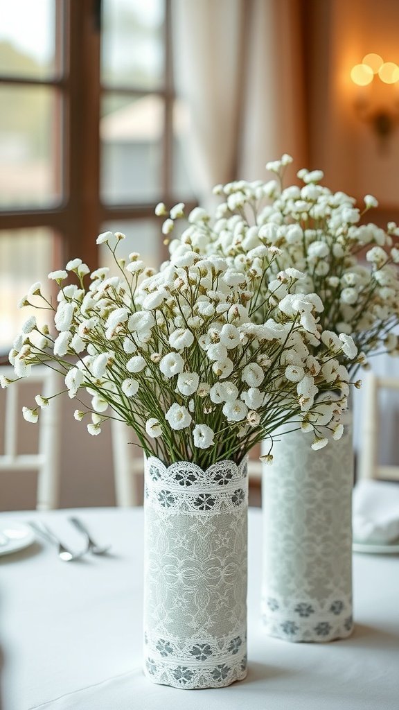 30 Stunning Baby's Breath Wedding Centerpieces for a Dreamy Celebration Two vases filled with baby's breath flowers, decorated with lace, on a wedding table.