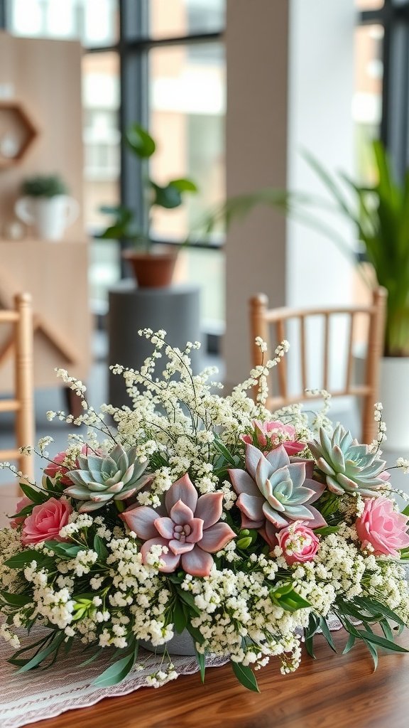 30 Stunning Baby's Breath Wedding Centerpieces for a Dreamy Celebration A beautiful wedding centerpiece featuring baby’s breath, pink roses, and succulents.