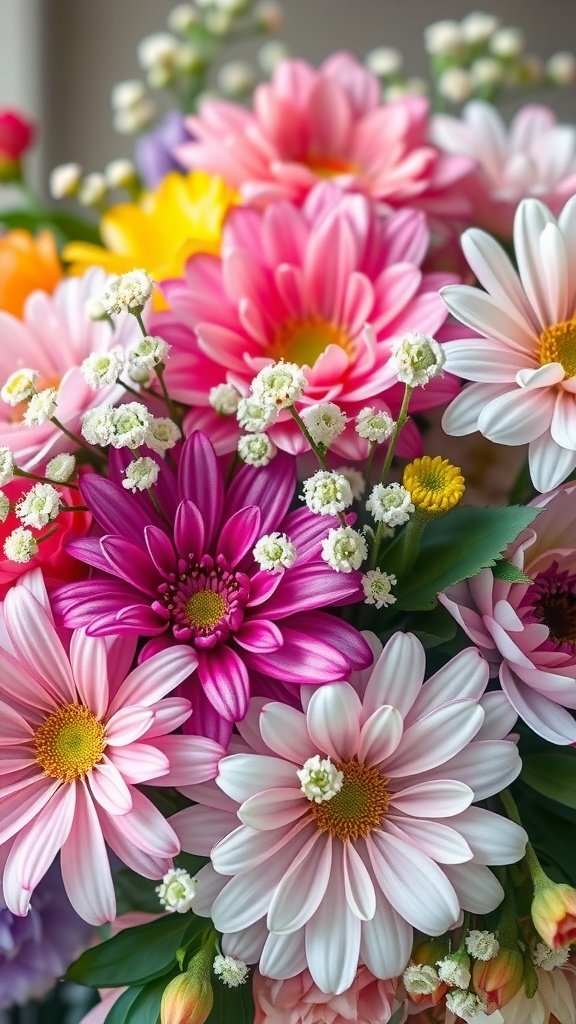 30 Stunning Baby's Breath Bouquets That Will Steal Your Heart (Wait Until You See #4!) A colorful bouquet featuring daisies and baby's breath, showcasing a blend of vibrant and delicate flowers.