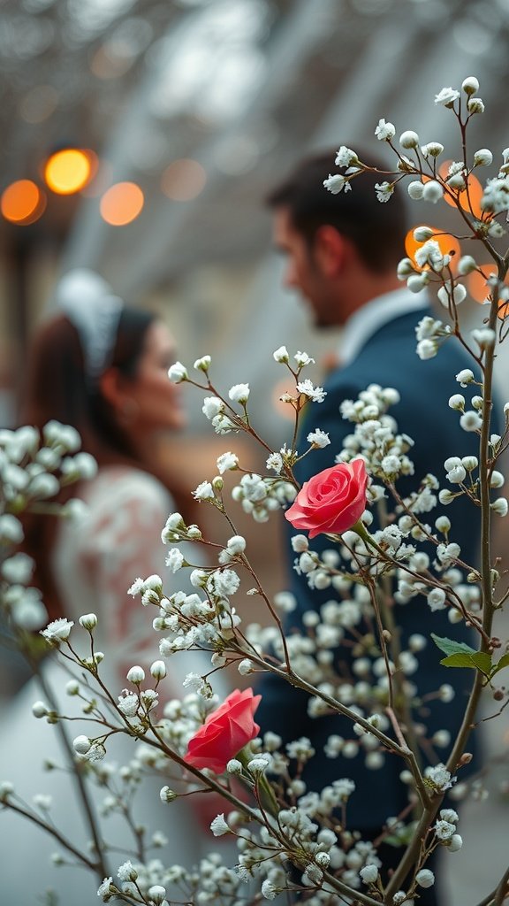 30 Stunning Baby's Breath Bouquets That Will Steal Your Heart (Wait Until You See #4!) A couple gazing at each other, surrounded by delicate baby's breath and pink roses.