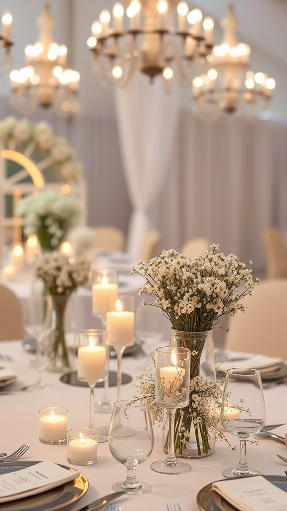 30 Stunning Baby's Breath Wedding Centerpieces for a Dreamy Celebration A wedding table set with baby’s breath bouquets and candles as centerpieces, creating a warm and elegant atmosphere.