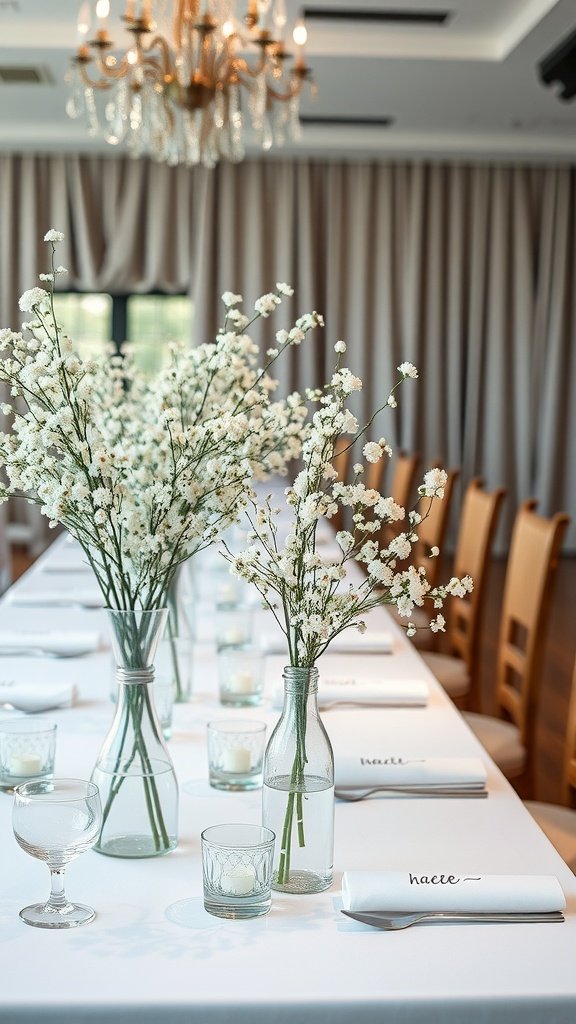 30 Stunning Baby's Breath Wedding Centerpieces for a Dreamy Celebration Elegant wedding table set with baby’s breath centerpieces in glass vases and candles.