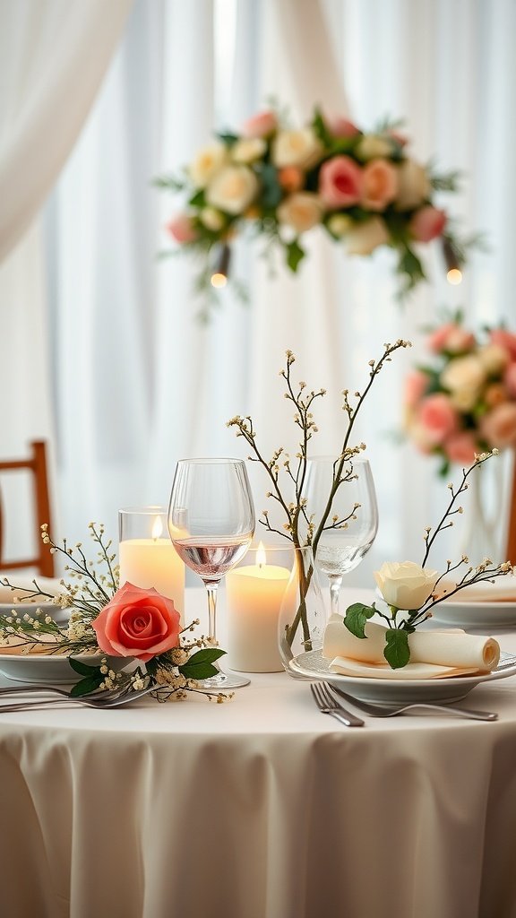 30 Stunning Baby's Breath Bouquets That Will Steal Your Heart (Wait Until You See #4!) A table for an anniversary celebration featuring a baby's breath bouquet and roses, with candles and elegant tableware.